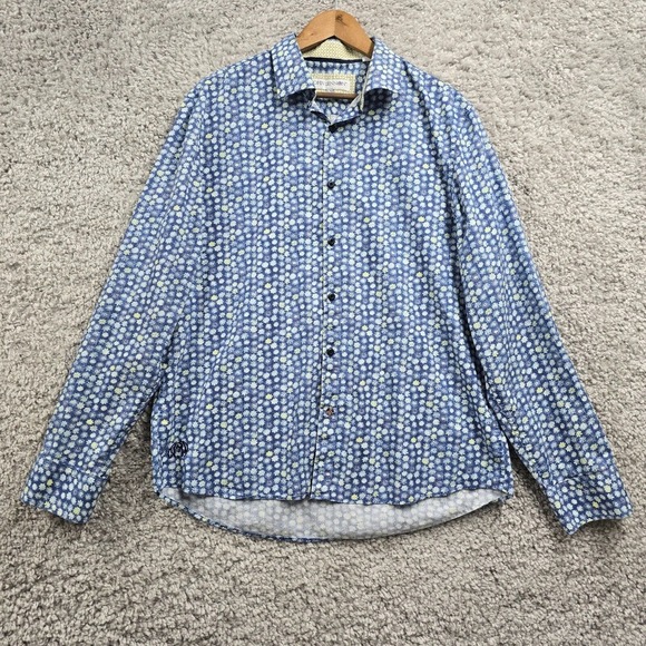 John Lennon Shirt Mens XL Blue Button Up Long Sleeve Flip Cuff Flowers - Picture 2 of 13